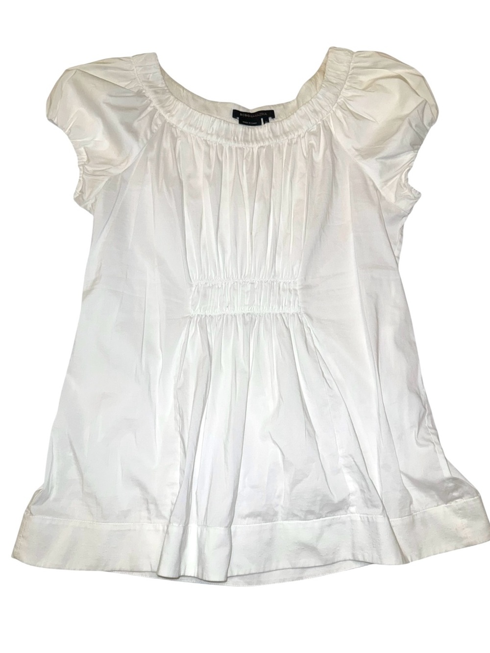 BCBGMAXAZRIA White Puff Sleeve Smocked Waist Blouse Women’s Medium Peasant Top
